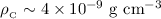 Mathematical equation: $\rho_{_{\rm C}}\sim 4\times10^{-9}~{\rm g\ cm^{-3}}$