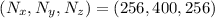 Mathematical equation: $(N_x,N_y,N_z) = (256,400,256)$