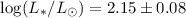 Mathematical equation: $\log(L_*/L_{\odot}) = 2.15\pm 0.08$