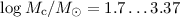 Mathematical equation: $\log M_{\rm c}/M_\odot=1.7\dots3.37$