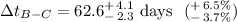 Mathematical equation: $\Delta t_{B-C} = 62.6^{+\,4.1}_{-\,2.3}~{\rm days} ~\ (^{+\,6.5\%}_{-\,3.7\%})$