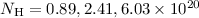 Mathematical equation: $N_{\rm H}=0.89, 2.41, 6.03\times10^{20}$