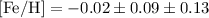 Mathematical equation: $\rm [Fe/H] = -0.02\pm0.09\pm0.13$