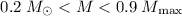 Mathematical equation: $0.2\;M _\odot<M<0.9\;M_{\rm max}$