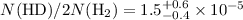 Mathematical equation: $N({\rm HD})/2 N({\rm H_2})=1.5^{+0.6}_{-0.4} \times 10^{-5}$