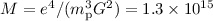 Mathematical equation: $M=e^4/(m^3_{\rm p} G^2)=1.3\times 10^{15}$