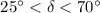 Mathematical equation: $25^{\circ} < \delta < 70^{\circ}$