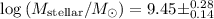 Mathematical equation: $\log\,({M_{\rm stellar}/M_\odot})=9.45 \pm ^{0.28} _{0.14}$