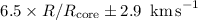 $6.5 \times R/R_{\rm core}\pm 2.9~\,{\rm km\,s}^{-1}$