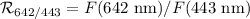 $\mathcal{R}_{642/443} = F(642~{\rm nm}) / F(443~{\rm nm})$