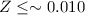 $Z\le\sim 0.010$