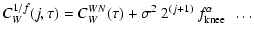 $\displaystyle C_{W}^{1/f}(j,\tau) = C_{W}^{WN} (\tau) + \sigma^{2} \ 2^{(j+1)} \ f_{\rm knee}^{\alpha} \ \ \ldots$