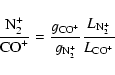 \begin{displaymath}\frac{{\rm N}_2^+}{{\rm CO}^+}=\frac{g_{{\rm CO}^+}}{g_{{\rm
N}_2^+}}\frac{L_{{\rm N}_2^+}}{L_{{\rm CO}^+}}
\end{displaymath}