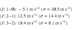 \begin{eqnarray*}&& (J{:}~1{-}0){:} \; -5.1~{\rm m~s}^{-1}\; (\sigma = 10.5~{\rm...
...{-}2){:} \; 18.4~{\rm m~s}^{-1}\; (\sigma = 8.1~{\rm m~s}^{-1}).
\end{eqnarray*}