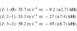 \begin{eqnarray*}&& (J{:}~1{-}0){:} \; 35.7~{\rm m~s}^{-1}\; {\rm or} \; -9.2 \;...
... 59.2~{\rm m~s}^{-1}\; {\rm or} \; -49 \; ({\pm}6.7)~{\rm kHz}.
\end{eqnarray*}