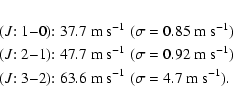 \begin{eqnarray*}&& (J{:}~1{-}0){:} \; 37.7~{\rm m~s}^{-1} \; (\sigma = 0.85~{\r...
...-}2){:} \; 63.6~{\rm m~s}^{-1} \; (\sigma = 4.7~{\rm m~s}^{-1}).
\end{eqnarray*}