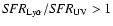 ${\it SFR}_{\rm Ly\alpha}/{\it SFR}_{\rm UV} > 1$