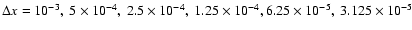 $\Delta x =
10^{-3},\ 5\times 10^{-4},\ 2.5\times 10^{-4},\ 1.25 \times 10^{-4},
6.25\times 10^{-5},\ 3.125\times 10^{-5}$