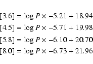 \begin{eqnarray*}&& [3.6] = \log P \times -5.21 +18.94\\
&& [4.5] = \log P \tim...
...g P \times -6.10 +20.70\\
&& [8.0] = \log P \times -6.73 +21.96
\end{eqnarray*}
