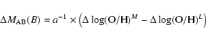 \begin{displaymath}\Delta M_{{\rm AB}}(B)=a^{-1}\times\left(\Delta\log({\rm O/H})^{M}-\Delta\log({\rm O/H})^{L}\right)
\end{displaymath}