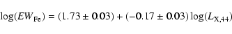 \begin{displaymath}
\log({\it EW}_{\rm Fe}) = \left(1.73\pm0.03\right) + \left(-0.17\pm0.03\right) \log(L_{\rm X,44})
\end{displaymath}