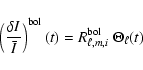 \begin{displaymath}\left ( { {\delta I} \over \bar{I} } \right )^{\rm bol} (t) = R_{\ell,m,i}^{\rm bol} ~ \Theta_\ell (t)
\end{displaymath}