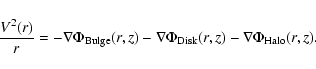 \begin{displaymath}\frac{V^2(r)}{r} =
-\nabla\Phi_{\rm Bulge}(r,z) -\nabla\Phi_{\rm Disk}(r,z) -\nabla\Phi_{\rm Halo}(r,z).
\end{displaymath}