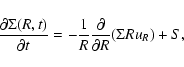 \begin{displaymath}
\frac{\partial \Sigma(R,t)}{\partial t} = -\frac{1}{R}\frac{\partial }{\partial R}(\Sigma Ru_R) + S ,
\end{displaymath}