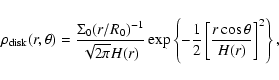 \begin{displaymath}\rho_{{\rm disk}}(r,\theta) = \frac{\Sigma_{0} (r/R_{0})^{-1}...
...{1}{2} \left [\frac{r \cos \theta}{H(r)}\right ]^{2}\right \},
\end{displaymath}