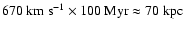 $670~\textrm{km}~\textrm{s}^{-1}\times100~\textrm{Myr}\approx70~\textrm{kpc}$