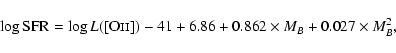 \begin{displaymath}\log{\rm SFR}=\log L({\rm [O}\mathsc{ii}{\rm ]})-41+6.86+0.862\times M_{B}+0.027\times M_{B}^{2},
\end{displaymath}