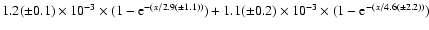 $1.2(\pm0.1)\times10^{-3}\times (1-{\rm e}^{-(x/2.9(\pm1.1) \rm )})+1.1(\pm0.2)\times10^{-3}\times(1- {\rm e}^{-(x/4.6(\pm2.2) \rm )})$