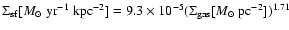 $\Sigma_{\rm sf}[{ M_\odot ~\rm yr^{-1}~
kpc^{-2}}] = 9.3\times10^{-5} ( \Sigma_{\rm gas} [{M _{\odot}\rm ~
pc^{-2}}])^{1.71}$
