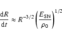 \begin{displaymath}%
{{\rm d} R\over {\rm d} t} \approx R^{-3/2} \left(E_{\rm SN}\over\rho_0\right)^{1/2}
\end{displaymath}