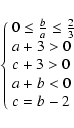 \begin{displaymath}\left\{ \begin{array}{l}
0 \le \frac{b}{a} \le \frac{2}{3} \\...
... \\
c + 3 > 0 \\
a + b < 0 \\
c = b - 2
\end{array}\right.
\end{displaymath}