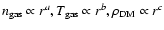 $n_{\rm gas} \propto r^a, T_{\rm gas} \propto r^b,
\rho_{\rm DM} \propto r^c$