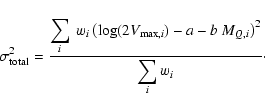 \begin{displaymath}{\sigma}_{\rm total}^2= \frac{\displaystyle\sum_{i} \ w_i \le...
...,i})-a-b \ M_{Q,i} \right)^2}{\displaystyle\sum_{i} w_i} \cdot
\end{displaymath}