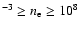 $^{-3} \geq n_{\rm e} \geq 10^8$