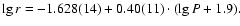 $\lg r=-1.628(14)+0.40(11)\cdot(\lg P+1.9).$