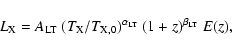 \begin{displaymath}L_{\rm X}=A_{\rm LT}~(T_{\rm X}/T_{\rm X,0})^{\alpha_{\rm LT}}~(1+z)^{\beta_{\rm LT}}~ E(z),
\end{displaymath}