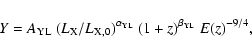 \begin{displaymath}Y=A_{\rm YL}~(L_{\rm X}/L_{\rm X,0})^{\alpha_{\rm YL}}~(1+z)^{\beta_{\rm YL}}~ E(z)^{-9/4},
\end{displaymath}