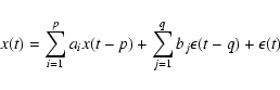 \begin{displaymath}x(t)=\sum_{i=1}^p a_i x(t-p) + \sum_{j=1}^q b_j \epsilon(t-q) + \epsilon(t)
\end{displaymath}