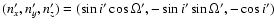 $(n^\prime_x, n^\prime_y, n^\prime_z) = (\sin i^\prime
\cos\Omega^\prime, -\sin i^\prime \sin\Omega^\prime, -\cos i^\prime)$