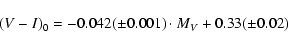 \begin{displaymath}
(V-I)_0 = -0.042(\pm0.001) \cdot M_V + 0.33(\pm0.02)
\end{displaymath}