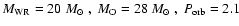 ${M_{\rm WR}}=20~\mbox{${M}_{\odot}$ },~{M_{\rm O}}=28~\mbox{${M}_{\odot}$ },~ P_{\rm orb} = 2.1$