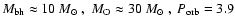 ${M_{\rm bh}} \approx 10~\mbox{${M}_{\odot}$ },~{M_{\rm O}}\approx30~\mbox{${M}_{\odot}$ },~ P_{\rm orb}=3.9$