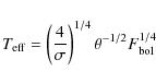 \begin{displaymath}T_{\rm eff}=\left (\frac{4}{\sigma}\right )^{1/4}\theta^{-1/2}F_{\rm bol}^{1{/}4}
\end{displaymath}