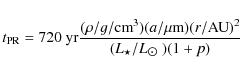 \begin{displaymath}t_{\rm PR}=720~{\rm yr} \frac{(\rho / g/{\rm cm}^3) (a/\mu {\rm m}) (r/{\rm AU})^{2}}{(L_\star/L_{\hbox{$\odot$ }})(1+p)}
\end{displaymath}