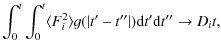$\displaystyle \int^t_0 \int^t_0 \langle F_i^2 \rangle g(\vert t'-t''\vert) {\rm d}t'{\rm d}t'' \rightarrow D_i t,$