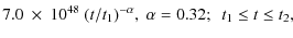 $\displaystyle 7.0~\times~10^{48}~ (t/t_1)^{-\alpha} ,\
\alpha= 0.32; \ \ t_1 \le t \le t_2,$